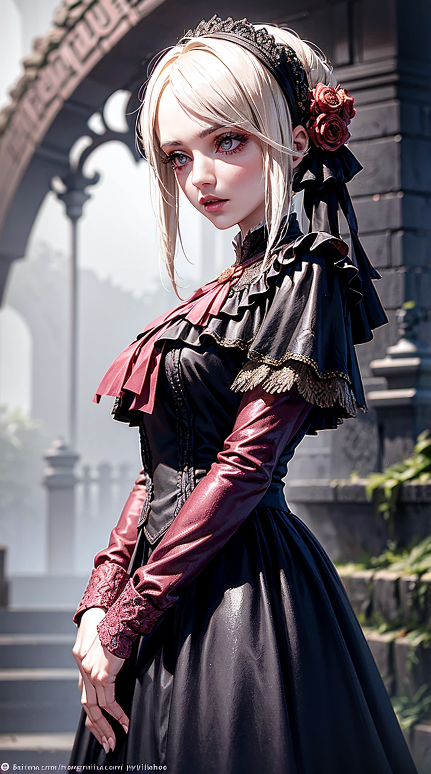 1 girl, beautiful, pink eyes, blond hair, big G cup breasts (huge breasts 1.5), short dress, wide hips, Thin waist, gloomy environment, bloodborne, victorian style buildings, fog