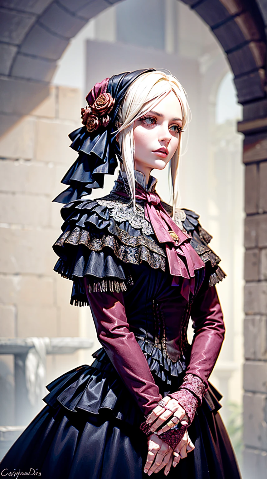 1 girl, beautiful, pink eyes, blond hair, big G cup breasts (huge breasts 1.5), short dress, wide hips, Thin waist, gloomy environment, bloodborne, victorian style buildings, fog