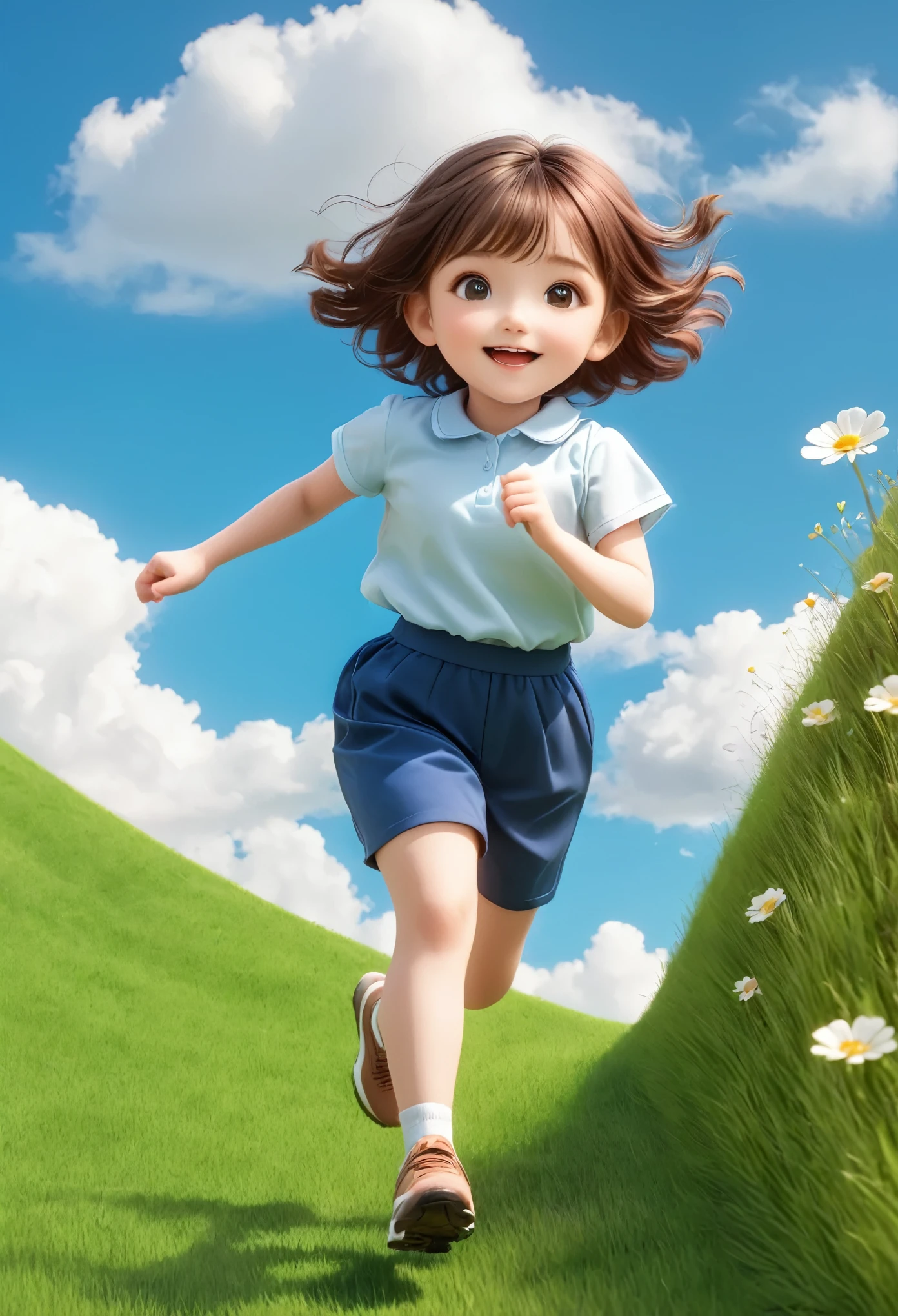 즐겁게 달리는 소녀 1,작은 칠판，밝은 녹색 배경,갈색 머리,,좋은 점을 두 배로,경사,경사 background,잔디에 작은 꽃,푸른 하늘과 흰 구름，3D
