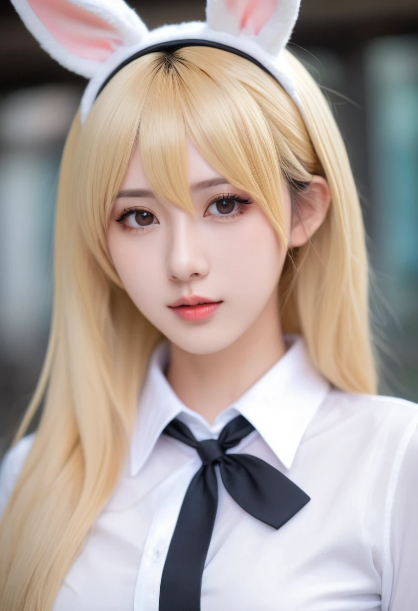 Close-up of a woman with cat ears and a white shirt, Ultra realistic sweet bunny girl, Anime Girl Cosplay, Enchanting anime girl, Real life anime girls, Sexy Girls with long blonde hair, Smooth white tight clothing suit, Trending on cgstation, Attractive anime girl, Sexy Girls, Charming cat girl, Korean Girls, Pale milky porcelain skin, Blonde Goddess