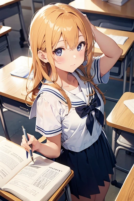 Open book, pen,hand, An illustration，Close-up screen，Classroom Background,pretty girl,Sailor suit