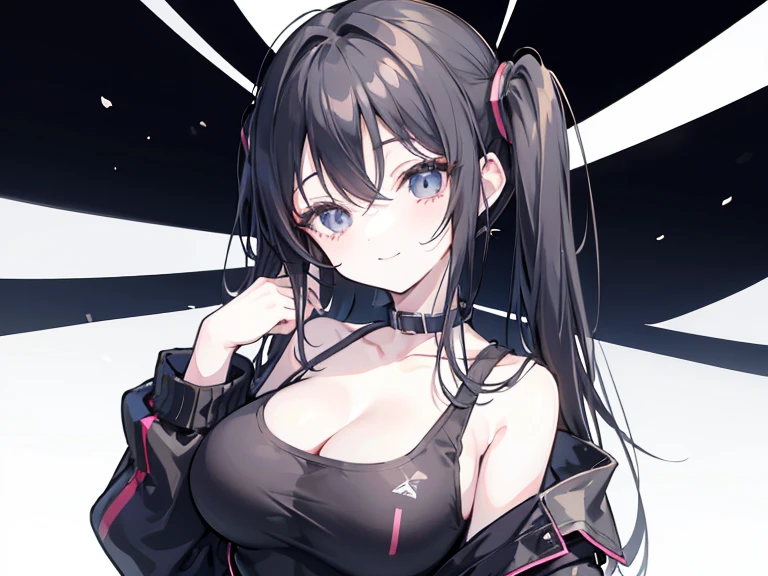 masterpiece,anime style,chibi,sexy girl,black hair,shoulder length hair with two pigtails,black jacket,with headphones,lo fi background,smiling,big breasts,listening to music,waiting on the right side of the image,showing cleavage,full body,standing,black t-shirt,perfect eyes,