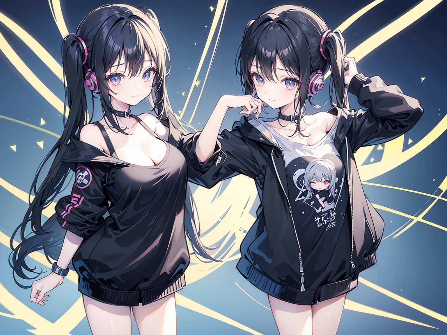 masterpiece,anime style,chibi,sexy girl,black hair,shoulder length hair with two pigtails,black jacket,with headphones,lo fi background,smiling,big breasts,listening to music,waiting on the right side of the image,showing cleavage,full body,standing,black t-shirt,