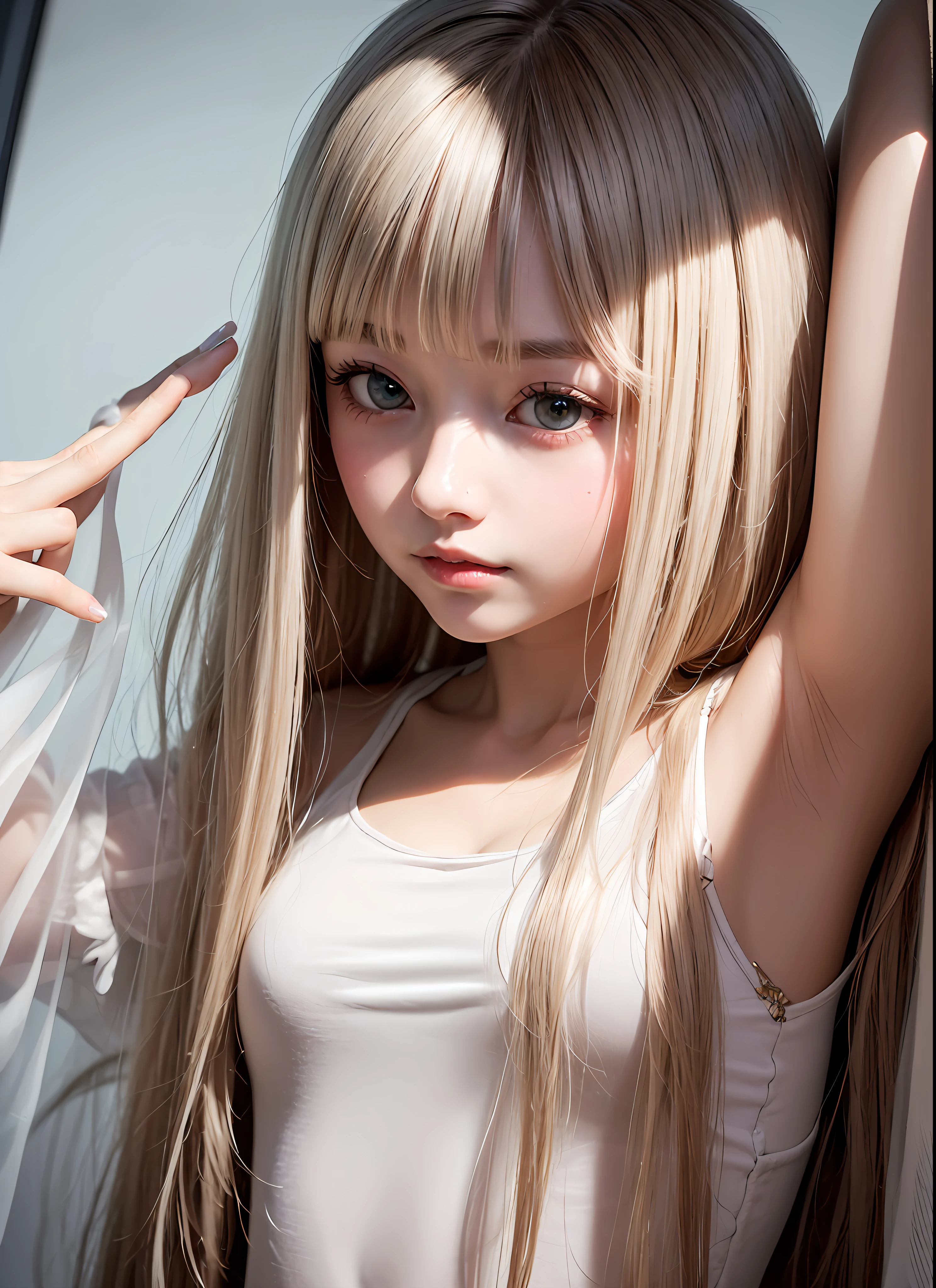 Blond haired girl with long hair posing for a picture - SeaArt AI