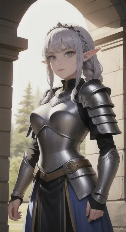 masterpiece, best quality, solo, warrior, braids, purple eyes, silver hair, elf princess, armor,