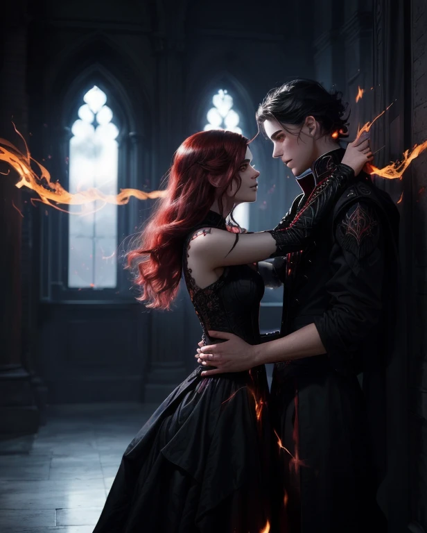 they are dressed in black and red and are posing for a photo, charlie bowater and artgeem, urban fantasy romance book cover, fantasy photoshoot, casting fire spell, charlie bowater and tom bagshaw, inspired by Magali Villeneuve, edmund blair and charlie bowater, gothic romance, ice and fire, abaddon and magali villeneuve