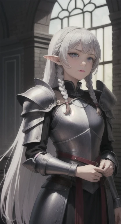 masterpiece, best quality, solo, knight, braids, violet eyes, silver hair, elf princess, armor,