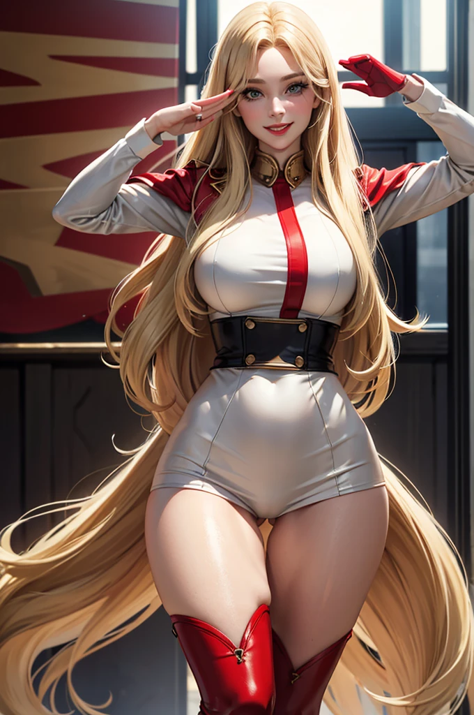 Woman saluting,bionde,Long hair is thick,very red lips,BIG ASS,Narrow waist,Long legs,Green Eyes Standing 8k(( A sloppy smile, The face we&#39;re looking for, Mischievous face)), ,8k(( Anime Style, The facial expression is good, Anime StyleGreen Eyes, The facial expression is good:1.５)), Standing at the station, Morning, Beauty, soldier, uniform,spring,cherry blossoms,Huge breasts looking at camera:1.1,Anime Styleの顔:0.1