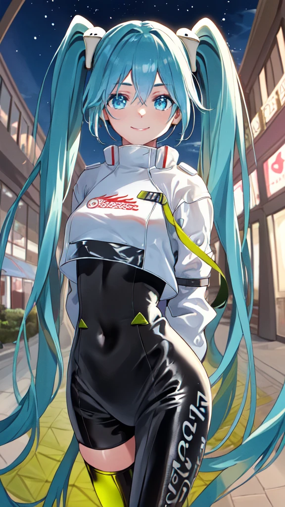  (masterpiece, highest quality), Backlight, Lens flare, Wide Shot, Fisheye Lens , (Face Focus, Depth of written boundary, close: 1.5), Super Detail, figure, colorful, (Fault Color: 1.3), (Immidshot: 1.3), video, Wide-angle, Upper Body, (((One girl))), miku hatsune, Spotless, Dark green hair, Twin tails, Very long hair, Put your arms behind your back, blue eyes, Glowing Eyes, Relaxed face, Eyebrow hair, Shiny Hair, Glowing Skin, A light smile, racing Miku, (Big Breasts), Black bodysuit, Cropped jacket, White jacket, Long sleeve, Two-tone gloves, Thigh-high boots, bright, Beautiful detailed sky, city, street,