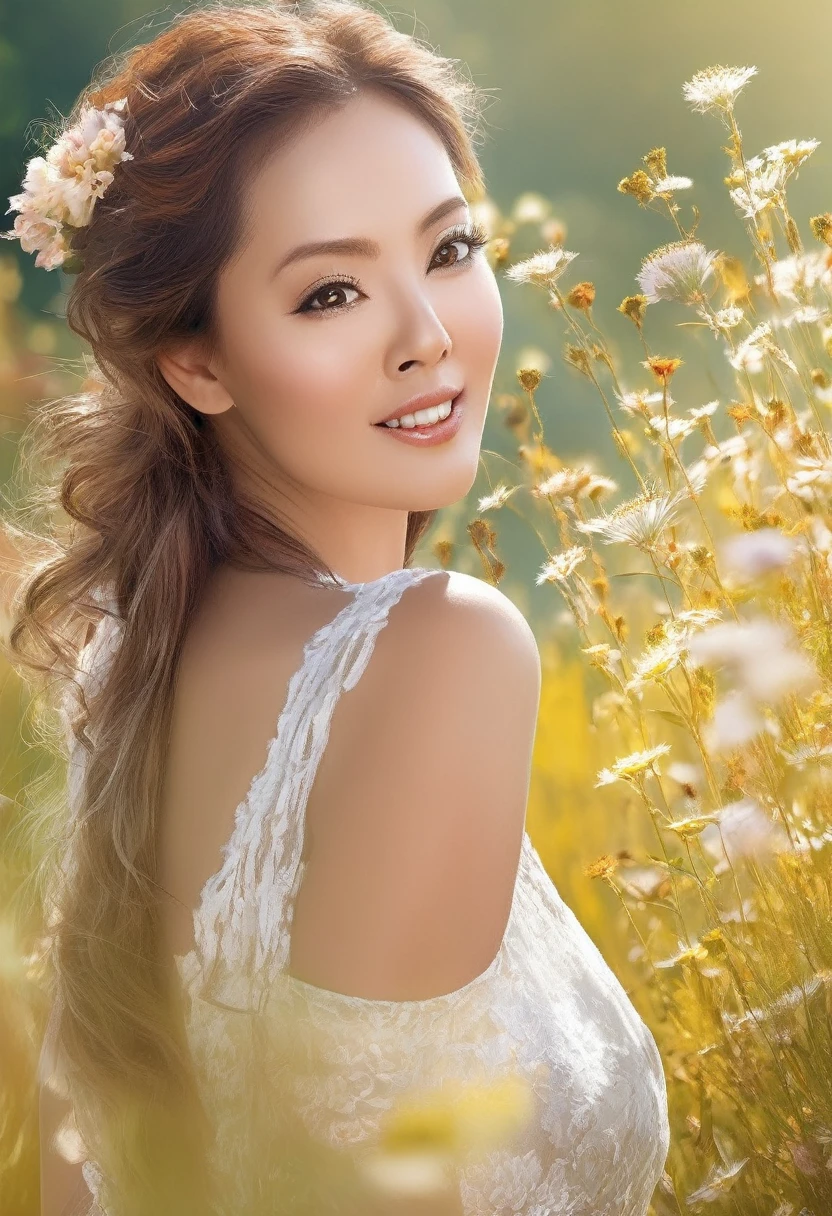 (best quality,4k,8k,highres,masterpiece:1.2),ultra-detailed,(realistic,photorealistic,photo-realistic:1.37),beautiful detailed eyes,beautiful detailed lips,extremely detailed eyes and face,longeyelashes,1woman,golden flowing silks,lightly flowing dress,bright sunny day,gentle breeze,radiant smile,graceful steps,peaceful atmosphere,soft natural lighting,colorful blooming flowers,vibrant summer colors,serene expression,sunlit meadow,dainty floral patterns,whispering grasses,delicate petals,quivering butterfly,playful birdsong,joyful humming of bees,dreamlike surreal atmosphere