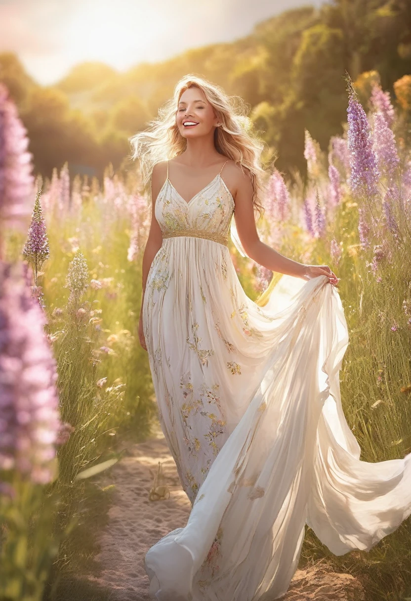 (best quality,4k,8k,highres,masterpiece:1.2),ultra-detailed,(realistic,photorealistic,photo-realistic:1.37),beautiful detailed eyes,beautiful detailed lips,extremely detailed eyes and face,longeyelashes,1woman,golden flowing silks,lightly flowing dress,bright sunny day,gentle breeze,radiant smile,graceful steps,peaceful atmosphere,soft natural lighting,colorful blooming flowers,vibrant summer colors,serene expression,sunlit meadow,dainty floral patterns,whispering grasses,delicate petals,quivering butterfly,playful birdsong,joyful humming of bees,dreamlike surreal atmosphere