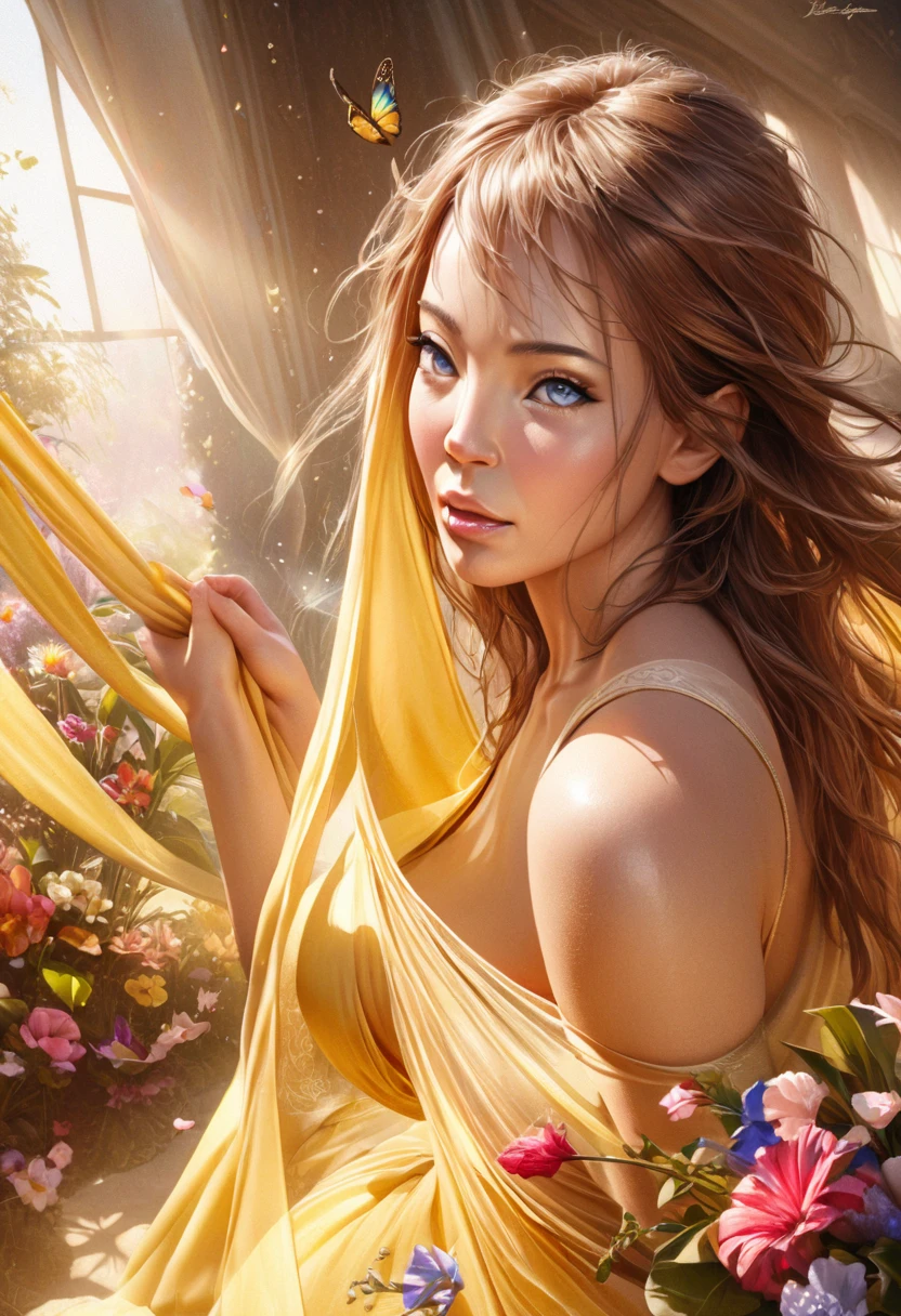 (best quality,4k,8k,highres,masterpiece:1.2),ultra-detailed,(realistic,photorealistic,photo-realistic:1.37),beautiful detailed eyes,beautiful detailed lips,extremely detailed eyes and face,longeyelashes,1woman,golden flowing silks,lightly flowing dress,bright sunny day,gentle breeze,radiant smile,graceful steps,peaceful atmosphere,soft natural lighting,colorful blooming flowers,vibrant summer colors,serene expression,sunlit meadow,dainty floral patterns,whispering grasses,delicate petals,quivering butterfly,playful birdsong,joyful humming of bees,dreamlike surreal atmosphere