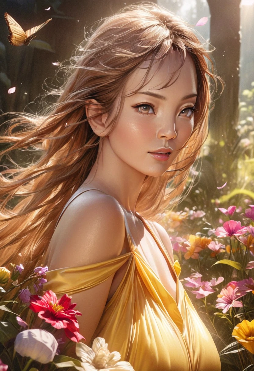 (best quality,4k,8k,highres,masterpiece:1.2),ultra-detailed,(realistic,photorealistic,photo-realistic:1.37),beautiful detailed eyes,beautiful detailed lips,extremely detailed eyes and face,longeyelashes,1woman,golden flowing silks,lightly flowing dress,bright sunny day,gentle breeze,radiant smile,graceful steps,peaceful atmosphere,soft natural lighting,colorful blooming flowers,vibrant summer colors,serene expression,sunlit meadow,dainty floral patterns,whispering grasses,delicate petals,quivering butterfly,playful birdsong,joyful humming of bees,dreamlike surreal atmosphere