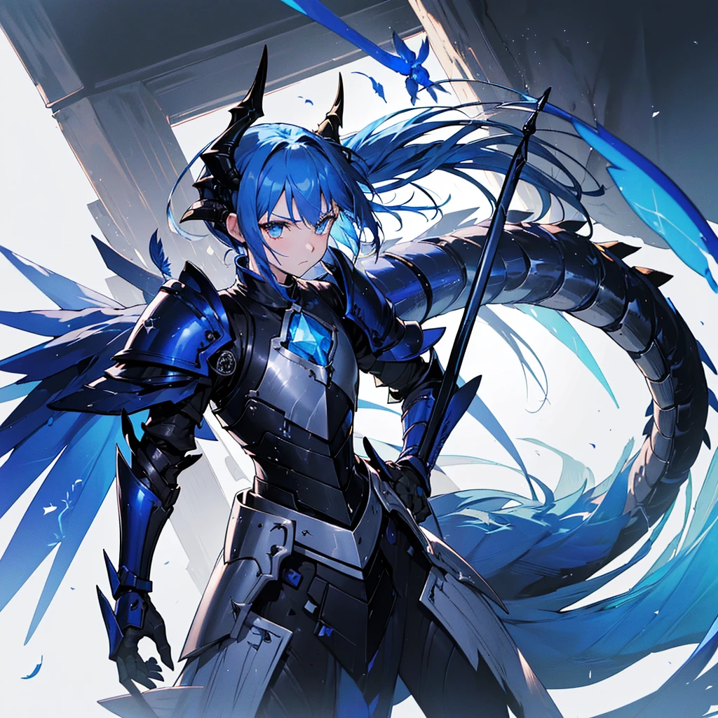 ((high resolution　Blue Hair　long髪　Black Armor　Dragon Knight　thunder　Lonely　despair))　((night　Western style　chest　Shining Aura　gloves))　(Big feather　Dance　Blade of Light　Holding a spear　long　Slashing)　night　thunder　star　Slashing　Catch the wind　