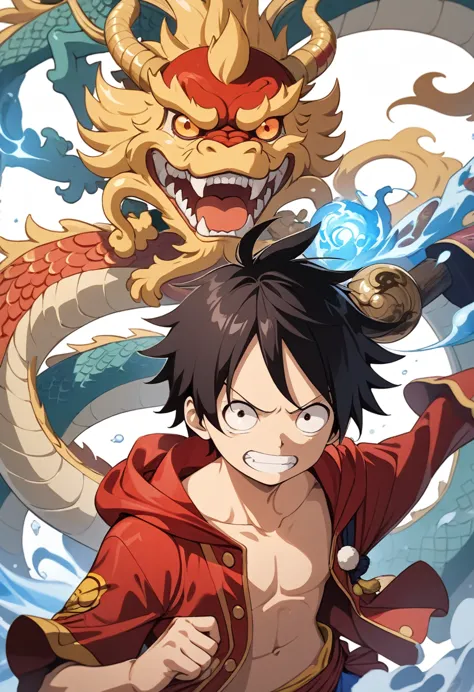 (monkey d. luffy),masterpiece,chinese dragon,bust shot,feature,genshin,boy,thunder elemental,