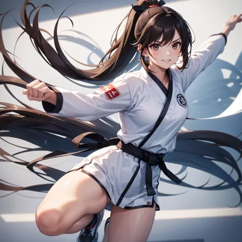 a woman wearing a white karate uniform, black belt around her waist, long brown hair, ponytail hair, with a white band in her ha...