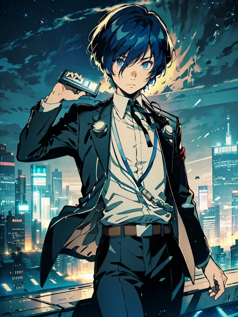 solo, 1 boy, makoto yuki, cool pose, perfect anatomy, neat lineart,4k, city landscape scenery, looking at camera, glowing lights...