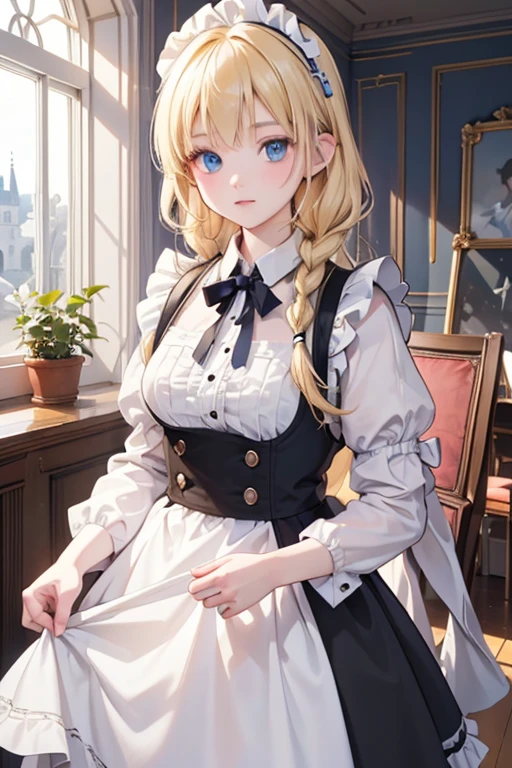 (8k, highest quality, Tabletop:1.2)、Ultra-high resolution、One 18-year-old girl, Perfect Fingers, Detailed face, blue eyes, Blonde, Braid, Black maid outfit,  Inside the castle, Cleaning the entrance, Wipe down the furniture