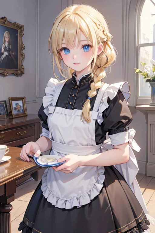 (8k, highest quality, Tabletop:1.2)、Ultra-high resolution、One 18-year-old girl, Perfect Fingers, Detailed face, blue eyes, Blonde, Braid, Black maid outfit,  Inside the castle, Cleaning the entrance, Wipe down the furniture