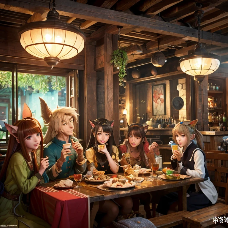 A group of anime characters and various anthropomorphic animals, including catgirls and elves, sit around a table，Enjoying food and drinks，The atmosphere is lively and lively。The roles have（Beautiful and delicate eyes，Beautiful and delicate lips，Extremely detailed eyes and face，Long eyelashes）。They are depicted in popular anime style，Set in an otherworldly environment with fantasy elements。The scene resembles a still from the TV anime series，Captures moments of everyday life in the world of animation。 This work of art has（high quality：1.2、4k resolution、lifelike），Featuring ultra-detailed visuals，Exhibits complex design of characters and environments。Lighting is carefully designed，Bright colors，Focus is clear，Create a studio-like atmosphere。Rich scene textures，showing traditional illustrations、oil painting、3D Rendering、The use of various materials such as photography technology。 There are all kinds of delicious food around the characters（anime themed food：1.1、Mouthwatering desserts、unique drinks），Create an active atmosphere。The food is intricately detailed，Demonstrates the artist&#39;s attention to detail in creating appetizing and visually appealing dishes。The scene is reminiscent of a festive gathering，Highlight the joy of sharing food and companionship。 The composition and framing of the artwork captures the essence of the anime genre，Emphasis is on character interaction and dynamic poses。Each character&#39;s personality comes through in their expressions、poses and clothing show，Adds depth and complexity to scenes。the background depicts an otherworldly environmen elements are inspired by fantasy and adventure。 （concept art：1.1、landscape、portrait）The use of technology adds depth and dimension to the overall artwork。 