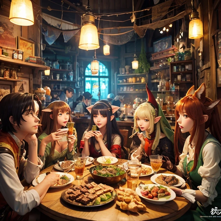 A group of anime characters and various anthropomorphic animals, including catgirls and elves, sit around a table，Enjoying food and drinks，The atmosphere is lively and lively。The roles have（Beautiful and delicate eyes，Beautiful and delicate lips，Extremely detailed eyes and face，Long eyelashes）。They are depicted in popular anime style，Set in an otherworldly environment with fantasy elements。The scene resembles a still from the TV anime series，Captures moments of everyday life in the world of animation。 This work of art has（high quality：1.2、4k resolution、lifelike），Featuring ultra-detailed visuals，Exhibits complex design of characters and environments。Lighting is carefully designed，Bright colors，Focus is clear，Create a studio-like atmosphere。Rich scene textures，showing traditional illustrations、oil painting、3D Rendering、The use of various materials such as photography technology。 There are all kinds of delicious food around the characters（anime themed food：1.1、Mouthwatering desserts、unique drinks），Create an active atmosphere。The food is intricately detailed，Demonstrates the artist&#39;s attention to detail in creating appetizing and visually appealing dishes。The scene is reminiscent of a festive gathering，Highlight the joy of sharing food and companionship。 The composition and framing of the artwork captures the essence of the anime genre，Emphasis is on character interaction and dynamic poses。Each character&#39;s personality comes through in their expressions、poses and clothing show，Adds depth and complexity to scenes。the background depicts an otherworldly environmen elements are inspired by fantasy and adventure。 （concept art：1.1、landscape、portrait）The use of technology adds depth and dimension to the overall artwork。 