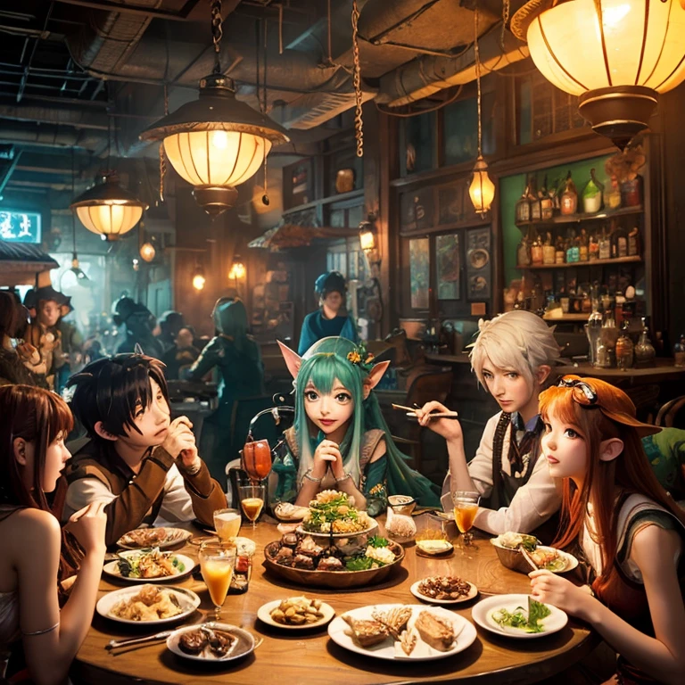 Um grupo de personagens de anime e vários animais antropomórficos, incluindo catgirls e elfos, Sente-se ao redor de uma mesa，desfrutar de comidas e bebidas，A atmosfera é animada e animada。Os papéis têm（olhos lindos e delicados，Lábios lindos e delicados，olhos e rosto extremamente detalhados，cílios longos）。Eles são retratados no estilo popular de anime，Situado em um ambiente sobrenatural com elementos de fantasia。A cena lembra um still da série de anime de TV，Captura momentos da vida cotidiana no mundo da animação。 Esta obra de arte tem（alta qualidade：1.2、Resolução 4k、realista），Apresentando visuais ultra-detalhados，Exibe design complexo de personagens e ambientes。A iluminação é cuidadosamente projetada，cores brilhantes，O foco é claro，Crie uma atmosfera de estúdio。Texturas de cena ricas，mostrando ilustrações tradicionais、pintura a óleo、Renderização 3D、O uso de vários materiais, como tecnologia fotográfica。 Existem todos os tipos de comida deliciosa em torno dos personagens（comida temática de anime：1.1、sobremesas de dar água na boca、bebidas exclusivas），Crie uma atmosfera ativa。A comida é intrinsecamente detalhada，Demonstra o artista&#39;atenção aos detalhes na criação de pratos apetitosos e visualmente atraentes。A cena lembra uma reunião festiva，Destaque a alegria de compartilhar comida e companheirismo。 A composição e enquadramento da obra de arte captam a essência do gênero anime，A ênfase está na interação dos personagens e nas poses dinâmicas。Cada personagem&#39;A personalidade transparece em suas expressões、poses e desfile de roupas，Adiciona profundidade e complexidade às cenas。o fundo retrata um ambiente de outro mundo, os elementos são inspirados em fantasia e aventura。 （arte conceitual：1.1、paisagem、Retrato）O uso da tecnologia adiciona profundidade e dimensão à obra de arte geral。 