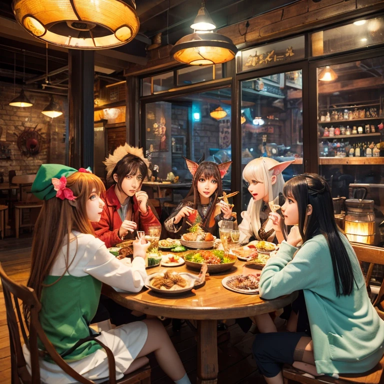 A group of anime characters and various anthropomorphic animals, including catgirls and elves, sit around a table，Enjoying food and drinks，The atmosphere is lively and lively。The roles have（Beautiful and delicate eyes，Beautiful and delicate lips，Extremely detailed eyes and face，Long eyelashes）。They are depicted in popular anime style，Set in an otherworldly environment with fantasy elements。The scene resembles a still from the TV anime series，Captures moments of everyday life in the world of animation。 This work of art has（high quality：1.2、4k resolution、lifelike），Featuring ultra-detailed visuals，Exhibits complex design of characters and environments。Lighting is carefully designed，Bright colors，Focus is clear，Create a studio-like atmosphere。Rich scene textures，showing traditional illustrations、oil painting、3D Rendering、The use of various materials such as photography technology。 There are all kinds of delicious food around the characters（anime themed food：1.1、Mouthwatering desserts、unique drinks），Create an active atmosphere。The food is intricately detailed，Demonstrates the artist&#39;s attention to detail in creating appetizing and visually appealing dishes。The scene is reminiscent of a festive gathering，Highlight the joy of sharing food and companionship。 The composition and framing of the artwork captures the essence of the anime genre，Emphasis is on character interaction and dynamic poses。Each character&#39;s personality comes through in their expressions、poses and clothing show，Adds depth and complexity to scenes。the background depicts an otherworldly environmen elements are inspired by fantasy and adventure。 （concept art：1.1、landscape、portrait）The use of technology adds depth and dimension to the overall artwork。 