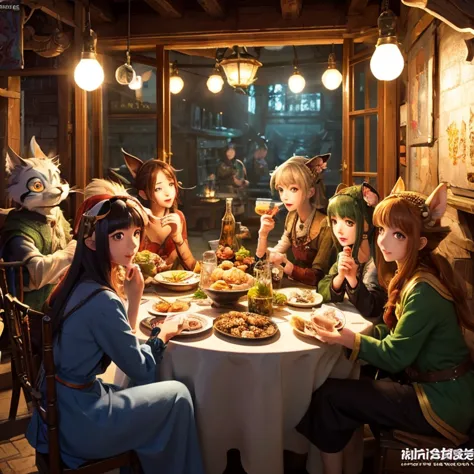 A group of anime characters and various anthropomorphic animals, including catgirls and elves, sit around a table，Enjoying food ...