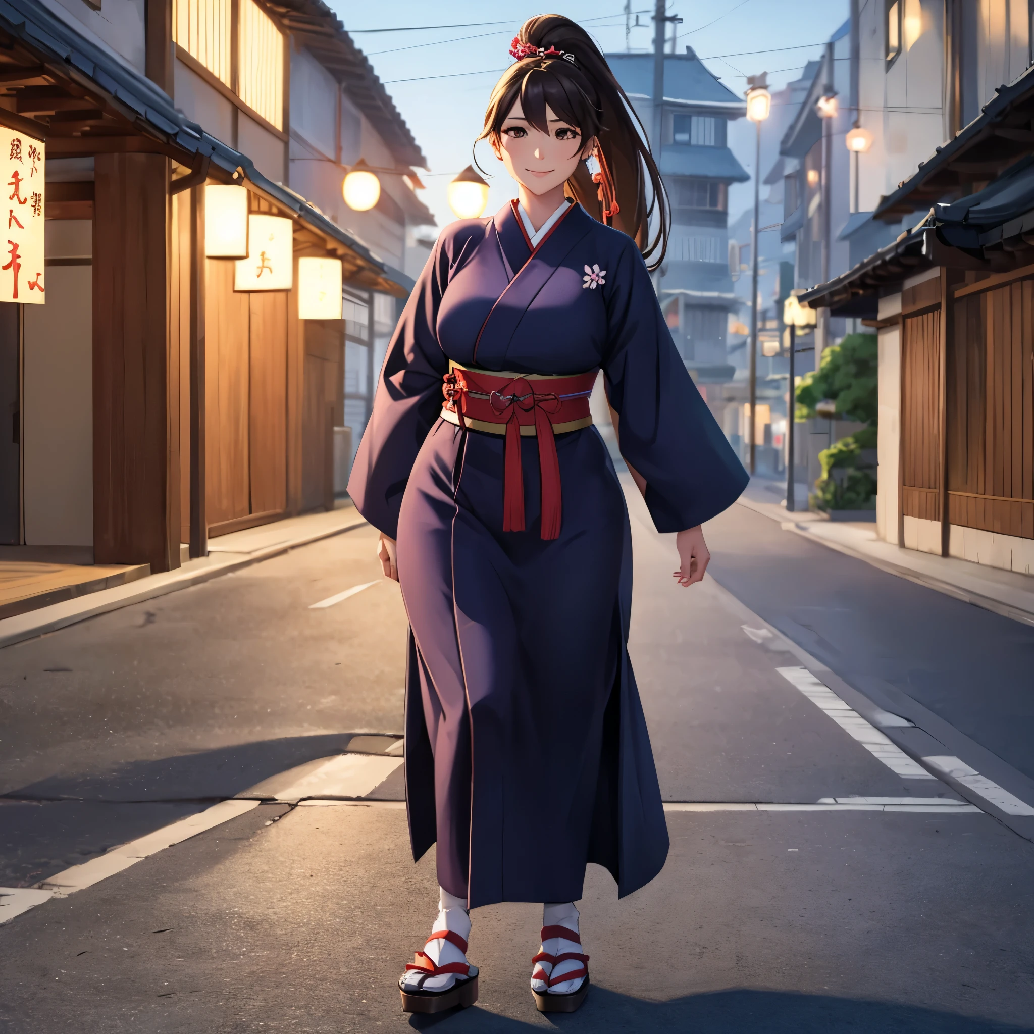 Une femme portant un Yukata à manches longues, Jupe longue, yukata blanc avec détails noirs, porter des chaussures japonaises traditionnelles, Longs cheveux bruns, yeux marrons, cheveux en queue de cheval, souriant, tout le corps, marcher sur un trottoir en béton, surplombant une ville japonaise bien en contrebas de la place, la nuit, avec éclairage public traditionnel japonais, un endroit sombre avec éclairage, ombre projetée, perspective atmosphérique, fleurir, 8k, Super détail, précis, Meilleure qualité, UHD, Anatomiquement correct, peau texturée, Haute qualité, haute résolution, Meilleure qualité (femme seule)

