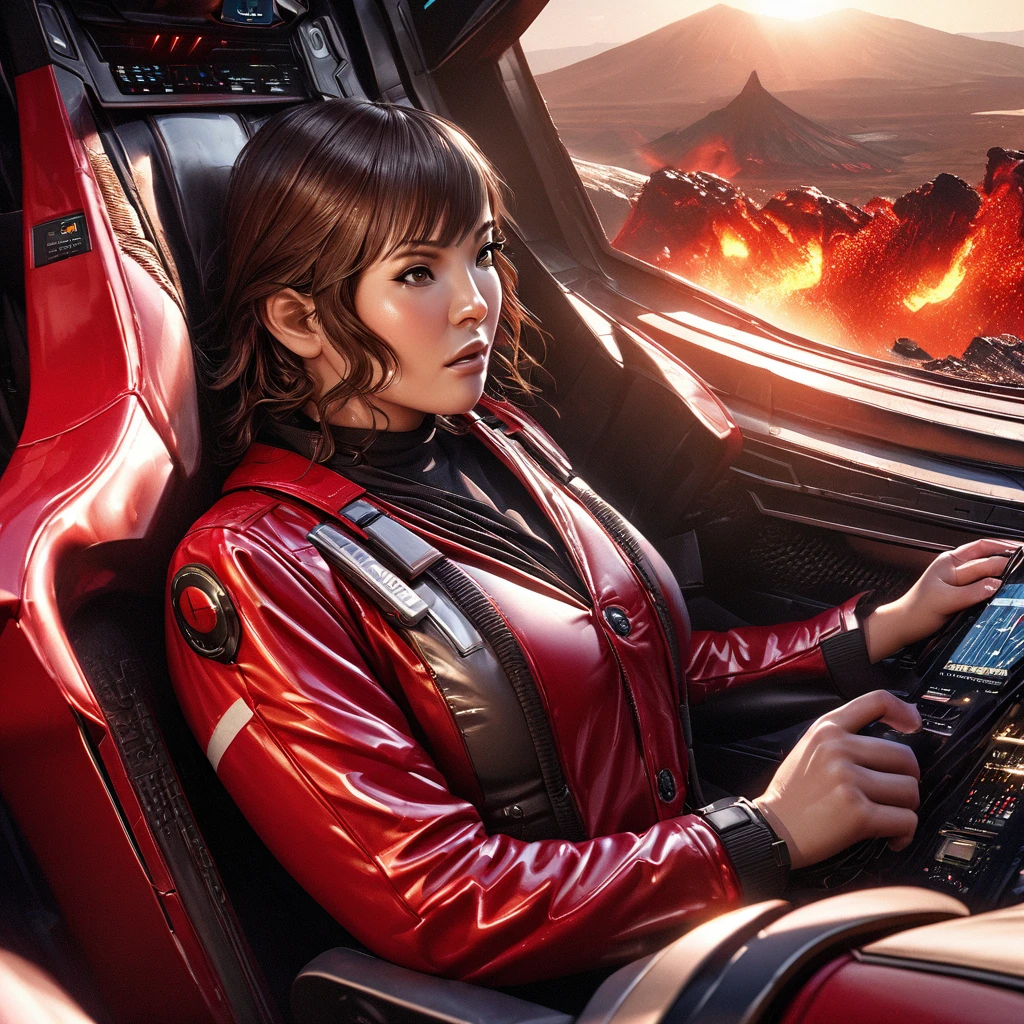 (best quality,4k,highres,masterpiece:1.2),ultra-detailed,(realistic,photorealistic,photo-realistic:1.37),illustration,er Voltron red lion,pilot outfit,sexy,high tech,cute woman,cockpit,near a volcano,metallic textures,fiery reds,smoke,hot temperatures,expertly crafted suit,intense lighting,emerging steam,commanding presence,shiny surfaces,detailed buttons,glowing monitors,adrenaline rush,levers and knobs,natural backlighting,distorted heatwaves,digital displays,highly detailed cockpit controls,exhaust vents,contrast with the rugged volcano,reflective surfaces