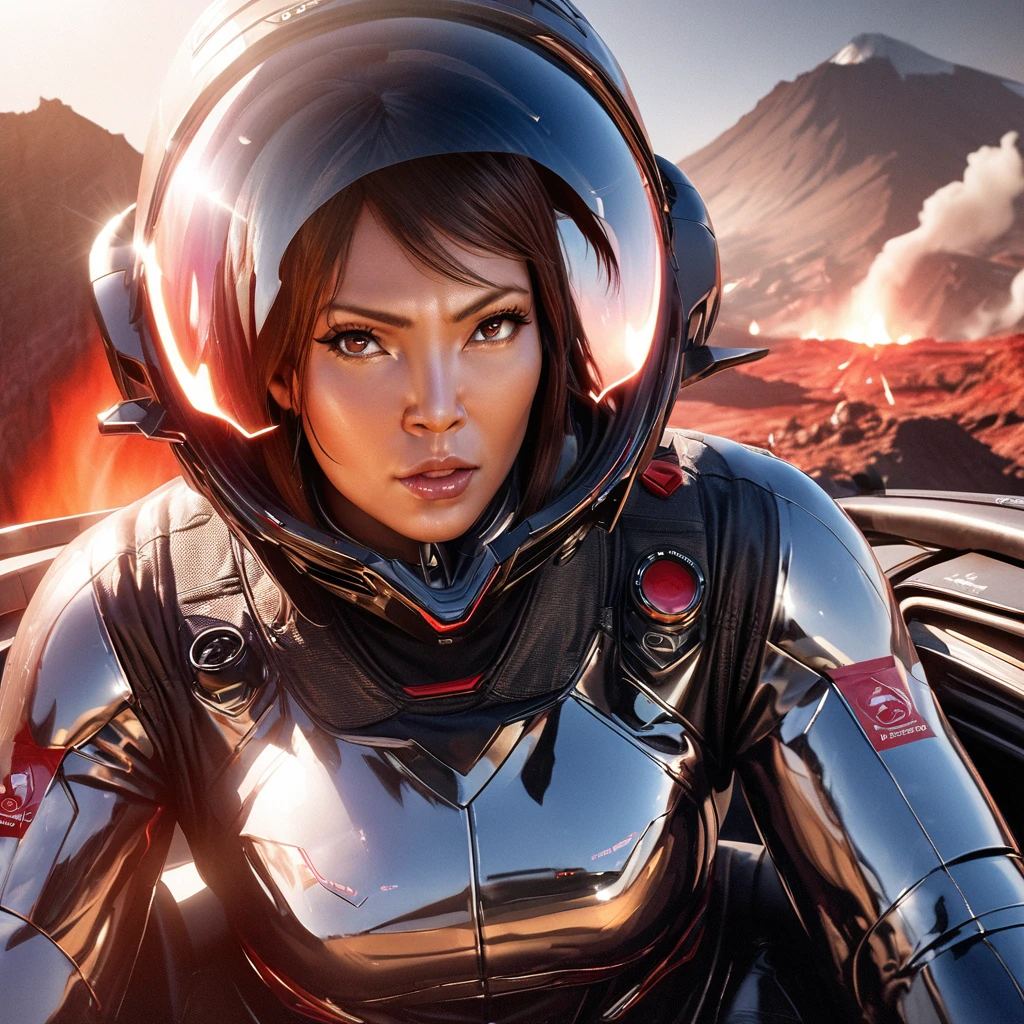 (best quality,4k,highres,masterpiece:1.2),ultra-detailed,(realistic,photorealistic,photo-realistic:1.37),illustration,er Voltron red lion,pilot outfit,sexy,high tech,cute woman,cockpit,near a volcano,metallic textures,fiery reds,smoke,hot temperatures,expertly crafted suit,intense lighting,emerging steam,commanding presence,shiny surfaces,detailed buttons,glowing monitors,adrenaline rush,levers and knobs,natural backlighting,distorted heatwaves,digital displays,highly detailed cockpit controls,exhaust vents,contrast with the rugged volcano,reflective surfaces