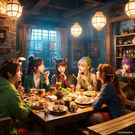 A group of anime characters, various anthropomorphic animals, including cat girls, elves, anthropomorphic lizards, sit around th...