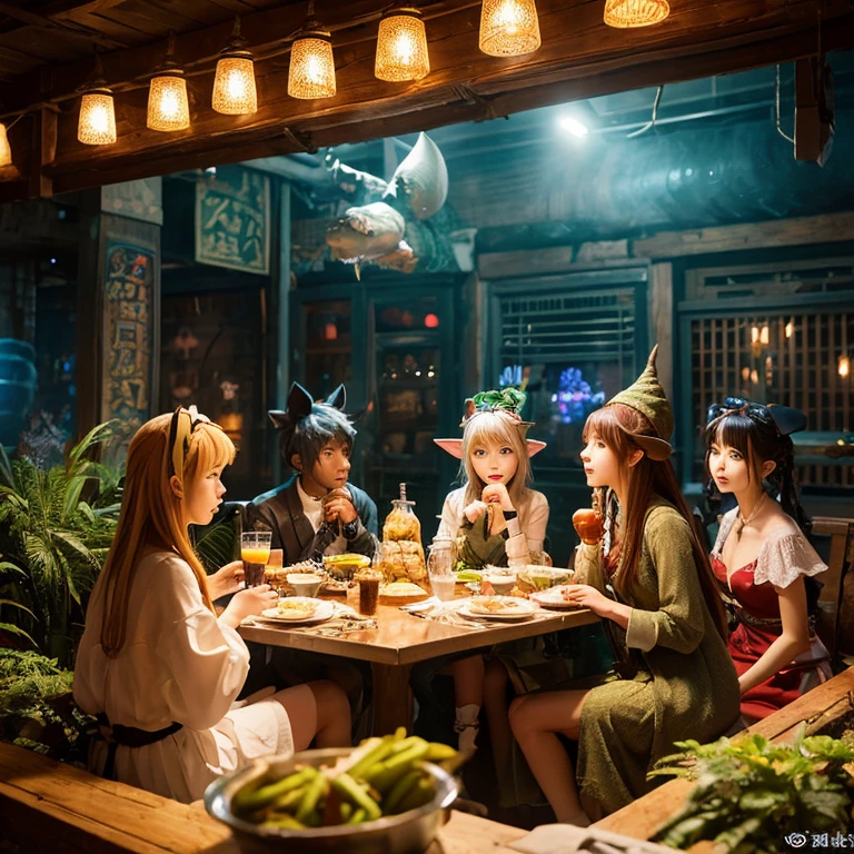 A group of anime characters, various anthropomorphic animals, including cat girls, elves, anthropomorphic lizards, sit around the table，Enjoying food and drinks，The atmosphere is lively and lively。The roles have（Beautiful and delicate eyes，Beautiful and delicate lips，Extremely detailed eyes and face，Long eyelashes）。They are depicted in popular anime style，Set in an otherworldly environment with fantasy elements。The scene resembles a still from the TV anime series，Captures moments of everyday life in the world of animation。 This work of art has（high quality：1.2、4k resolution、lifelike），Featuring ultra-detailed visuals，Exhibits complex design of characters and environments。Lighting is carefully designed，Bright colors，Focus is clear，Create a studio-like atmosphere。Rich scene textures，showing traditional illustrations、oil painting、3D Rendering、The use of various materials such as photography technology。 There are all kinds of delicious food around the characters（anime themed food：1.1、Mouthwatering desserts、unique drinks），Create an active atmosphere。The food is intricately detailed，Demonstrates the artist&#39;s attention to detail in creating appetizing and visually appealing dishes。The scene is reminiscent of a festive gathering，Highlight the joy of sharing food and companionship。 The composition and framing of the artwork captures the essence of the anime genre，Emphasis is on character interaction and dynamic poses。Each character&#39;s personality comes through in their expressions、poses and clothing show，Adds depth and complexity to scenes。the background depicts an otherworldly environmen elements are inspired by fantasy and adventure。 （concept art：1.1、landscape、portrait）The use of technology adds depth and dimension to the overall artwork。 