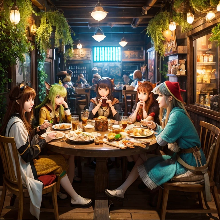 A group of anime characters, various anthropomorphic animals, including cat girls, elves, anthropomorphic lizards, sit around the table，Enjoying food and drinks，The atmosphere is lively and lively。The roles have（Beautiful and delicate eyes，Beautiful and delicate lips，Extremely detailed eyes and face，Long eyelashes）。They are depicted in popular anime style，Set in an otherworldly environment with fantasy elements。The scene resembles a still from the TV anime series，Captures moments of everyday life in the world of animation。 This work of art has（high quality：1.2、4k resolution、lifelike），Featuring ultra-detailed visuals，Exhibits complex design of characters and environments。Lighting is carefully designed，Bright colors，Focus is clear，Create a studio-like atmosphere。Rich scene textures，showing traditional illustrations、oil painting、3D Rendering、The use of various materials such as photography technology。 There are all kinds of delicious food around the characters（anime themed food：1.1、Mouthwatering desserts、unique drinks），Create an active atmosphere。The food is intricately detailed，Demonstrates the artist&#39;s attention to detail in creating appetizing and visually appealing dishes。The scene is reminiscent of a festive gathering，Highlight the joy of sharing food and companionship。 The composition and framing of the artwork captures the essence of the anime genre，Emphasis is on character interaction and dynamic poses。Each character&#39;s personality comes through in their expressions、poses and clothing show，Adds depth and complexity to scenes。the background depicts an otherworldly environmen elements are inspired by fantasy and adventure。 （concept art：1.1、landscape、portrait）The use of technology adds depth and dimension to the overall artwork。 