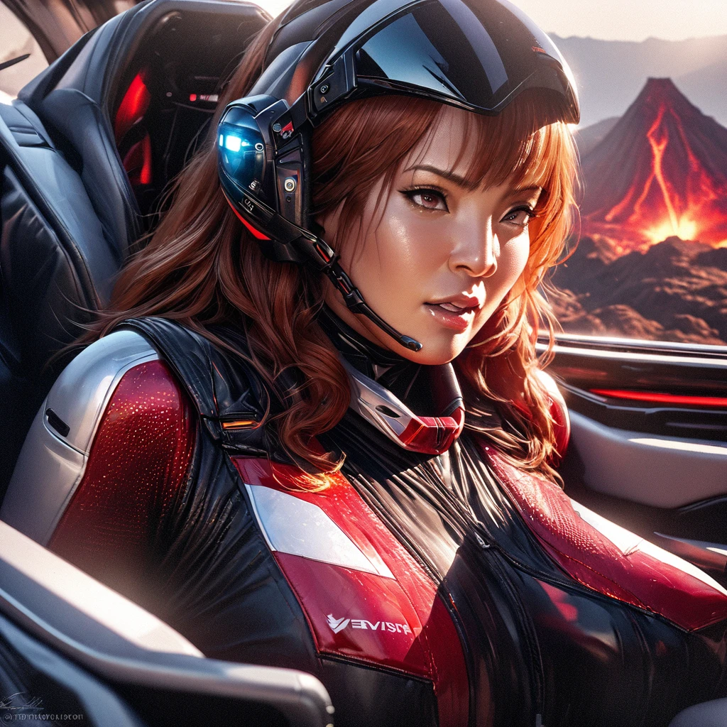 (best quality,4k,highres,masterpiece:1.2),ultra-detailed,(realistic,photorealistic,photo-realistic:1.37),illustration,er Voltron red lion,pilot outfit,sexy,high tech,cute woman,cockpit,near a volcano,metallic textures,fiery reds,smoke,hot temperatures,expertly crafted suit,intense lighting,emerging steam,commanding presence,shiny surfaces,detailed buttons,glowing monitors,adrenaline rush,levers and knobs,natural backlighting,distorted heatwaves,digital displays,highly detailed cockpit controls,exhaust vents,contrast with the rugged volcano,reflective surfaces