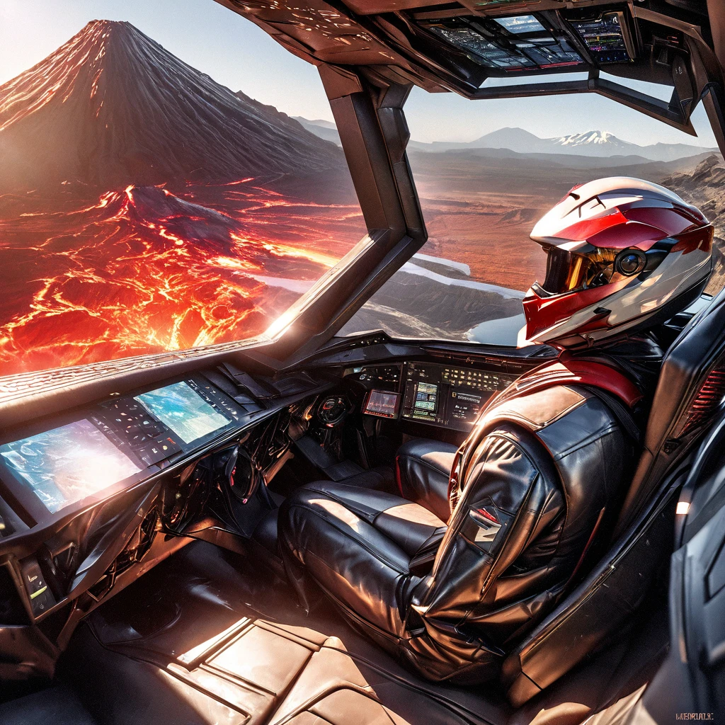 (best quality,4k,highres,masterpiece:1.2),ultra-detailed,(realistic,photorealistic,photo-realistic:1.37),illustration,er Voltron red lion,pilot outfit,sexy,high tech,cute woman,cockpit,near a volcano,metallic textures,fiery reds,smoke,hot temperatures,expertly crafted suit,intense lighting,emerging steam,commanding presence,shiny surfaces,detailed buttons,glowing monitors,adrenaline rush,levers and knobs,natural backlighting,distorted heatwaves,digital displays,highly detailed cockpit controls,exhaust vents,contrast with the rugged volcano,reflective surfaces