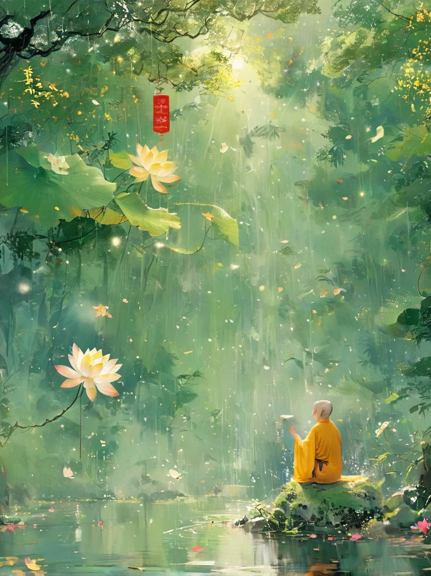 Sensible, Elderly Taoist monk sitting in lotus position, Suspended on a mossy stone，Surrounded by a floating lotus, In an old forest with dense leaves, The cyan robe has golden cloud patterns on it., Ancient calligraphic symbols swirl around him, A circle of golden light descended from the sky, Sacred and peaceful atmosphere, Forest creatures and peaceful observation, The scent of sandalwood, The sound of a mountain stream, Mysterious scene.(best quality,4K,8k,high resolution,masterpiece:1.2),Super detailed,Intricate details,The award-winning,Movie Lighting,dramatic shadows,Rich in details,Volumetric Lighting,FaceRich in details,Elegant composition,atmosphere,paisagem de fantasia,Studio Ghibli style