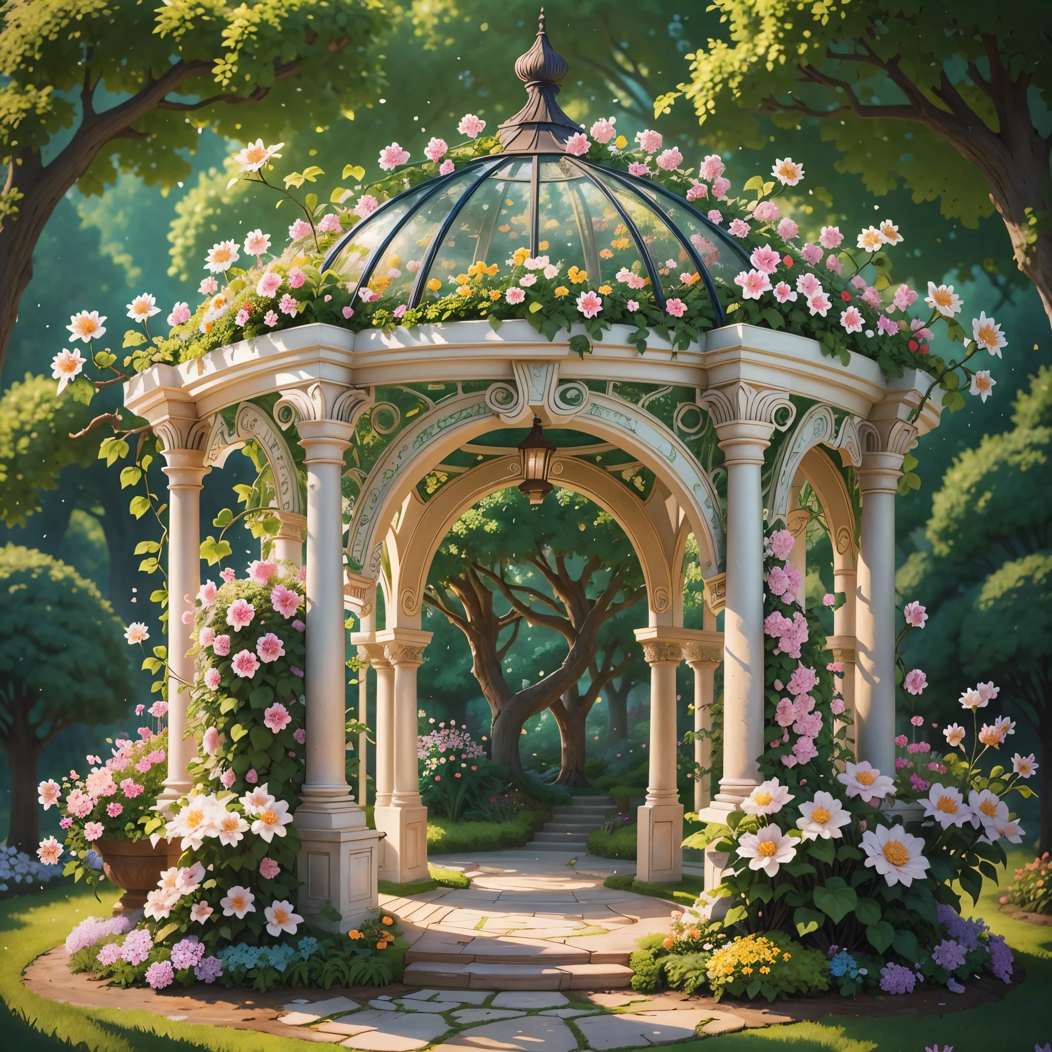 There is a Gazebo，Full of flowers and vines, Royal Garden Background, Beautiful depiction of a fairy tale, , Beautiful high resolution, Garden Background, Dreamy details, Detailed landscape, Background artwork, High detail), Well-expressed, Flower Environment, Pillar, Beautiful images, Realistic garden, Gazebo, Arbor