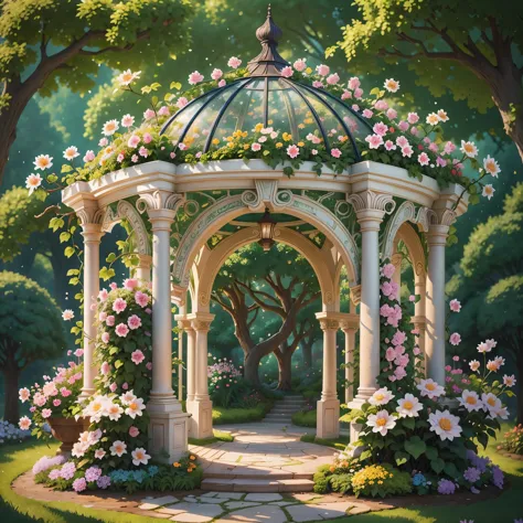 There is a Gazebo，Full of flowers and vines, Royal Garden Background, Beautiful depiction of a fairy tale, , Beautiful high reso...