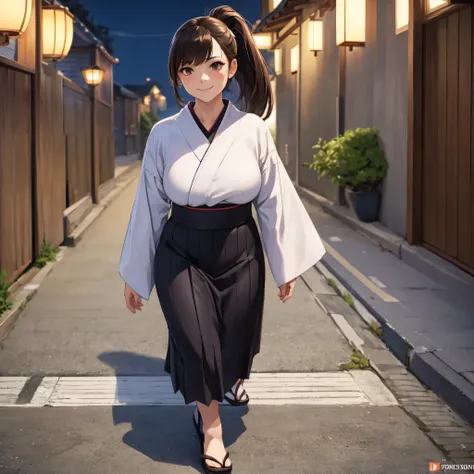 a woman wearing a long-sleeved yukata, long skirt, white yukata with black details, wearing traditional japanese shoes, long bro...