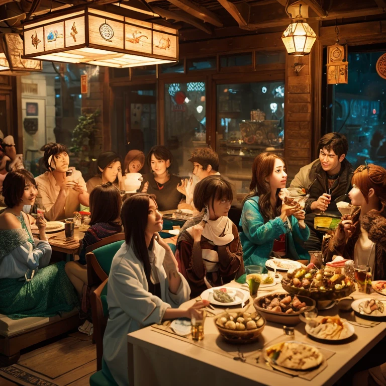 A group of anime characters and various anthropomorphic animals, including cat girls and anthropomorphic lizards, sit around a table，Enjoying food and drinks，The atmosphere is lively and lively。The roles have（Beautiful and delicate eyes，Beautiful and delicate lips，Extremely detailed eyes and face，Long eyelashes）。They are depicted in popular anime style，Set in an otherworldly environment with fantasy elements。The scene resembles a still from the TV anime series，Captures moments of everyday life in the world of animation。 This work of art has（high quality：1.2、4k resolution、lifelike），Featuring ultra-detailed visuals，Exhibits complex design of characters and environments。Lighting is carefully designed，Bright colors，Focus is clear，Create a studio-like atmosphere。Rich scene textures，showing traditional illustrations、oil painting、3D Rendering、The use of various materials such as photography technology。 There are all kinds of delicious food around the characters（anime themed food：1.1、Mouthwatering desserts、unique drinks），Create an active atmosphere。The food is intricately detailed，Demonstrates the artist&#39;s attention to detail in creating appetizing and visually appealing dishes。The scene is reminiscent of a festive gathering，Highlight the joy of sharing food and companionship。 The composition and framing of the artwork captures the essence of the anime genre，Emphasis is on character interaction and dynamic poses。Each character&#39;s personality comes through in their expressions、poses and clothing show，Adds depth and complexity to scenes。the background depicts an otherworldly environmen elements are inspired by fantasy and adventure。 （concept art：1.1、landscape、portrait）The use of technology adds depth and dimension to the overall artwork。 