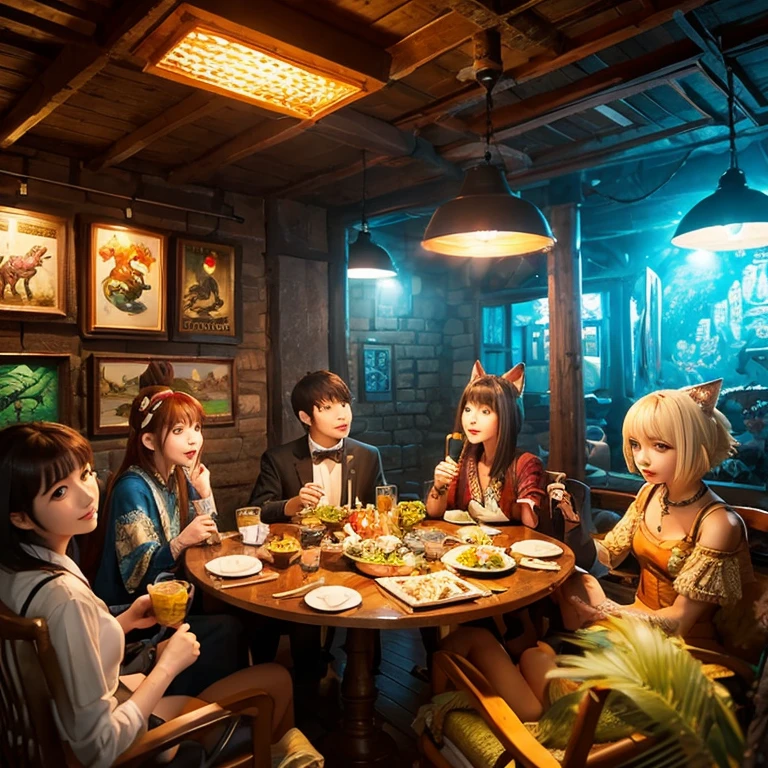 A group of anime characters and various anthropomorphic animals, including cat girls and anthropomorphic lizards, sit around a table，Enjoying food and drinks，The atmosphere is lively and lively。The roles have（Beautiful and delicate eyes，Beautiful and delicate lips，Extremely detailed eyes and face，Long eyelashes）。They are depicted in popular anime style，Set in an otherworldly environment with fantasy elements。The scene resembles a still from the TV anime series，Captures moments of everyday life in the world of animation。 This work of art has（high quality：1.2、4k resolution、lifelike），Featuring ultra-detailed visuals，Exhibits complex design of characters and environments。Lighting is carefully designed，Bright colors，Focus is clear，Create a studio-like atmosphere。Rich scene textures，showing traditional illustrations、oil painting、3D Rendering、The use of various materials such as photography technology。 There are all kinds of delicious food around the characters（anime themed food：1.1、Mouthwatering desserts、unique drinks），Create an active atmosphere。The food is intricately detailed，Demonstrates the artist&#39;s attention to detail in creating appetizing and visually appealing dishes。The scene is reminiscent of a festive gathering，Highlight the joy of sharing food and companionship。 The composition and framing of the artwork captures the essence of the anime genre，Emphasis is on character interaction and dynamic poses。Each character&#39;s personality comes through in their expressions、poses and clothing show，Adds depth and complexity to scenes。the background depicts an otherworldly environmen elements are inspired by fantasy and adventure。 （concept art：1.1、landscape、portrait）The use of technology adds depth and dimension to the overall artwork。 