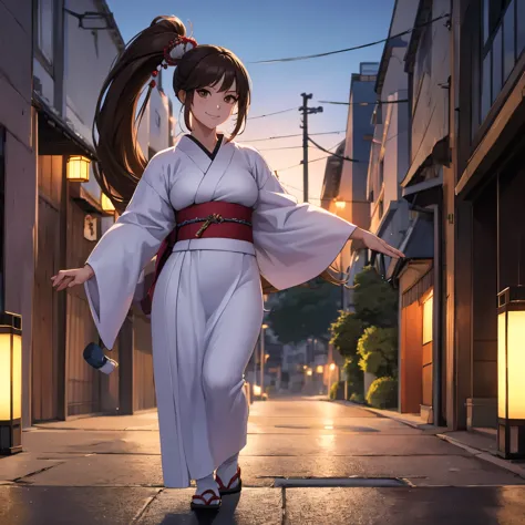 a woman wearing a long-sleeved yukata, long skirt, white yukata with black details, wearing traditional japanese shoes, long bro...