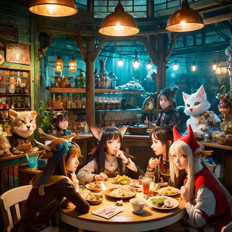 A group of anime characters and various anthropomorphic animals, including cat girls, wolf girls, elves, and robots, are sitting around the table.，Enjoying food and drinks，The atmosphere is lively and lively。The roles have（Beautiful and delicate eyes，Beautiful and delicate lips，Extremely detailed eyes and face，Long eyelashes）。They are depicted in popular anime style，Set in an otherworldly environment with fantasy elements。The scene resembles a still from the TV anime series，Captures moments of everyday life in the world of animation。 This work of art has（high quality：1.2、4k resolution、lifelike），Featuring ultra-detailed visuals，Exhibits complex design of characters and environments。Lighting is carefully designed，Bright colors，Focus is clear，Create a studio-like atmosphere。Rich scene textures，showing traditional illustrations、oil painting、3D Rendering、The use of various materials such as photography technology。 There are all kinds of delicious food around the characters（anime themed food：1.1、Mouthwatering desserts、unique drinks），Create an active atmosphere。The food is intricately detailed，Demonstrates the artist&#39;s attention to detail in creating appetizing and visually appealing dishes。The scene is reminiscent of a festive gathering，Highlight the joy of sharing food and companionship。 The composition and framing of the artwork captures the essence of the anime genre，Emphasis is on character interaction and dynamic poses。Each character&#39;s personality comes through in their expressions、poses and clothing show，Adds depth and complexity to scenes。the background depicts an otherworldly environmen elements are inspired by fantasy and adventure。 （concept art：1.1、landscape、portrait）The use of technology adds depth and dimension to the overall artwork。 