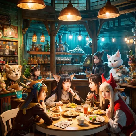 A group of anime characters and various anthropomorphic animals, including cat girls, wolf girls, elves, and robots, are sitting...