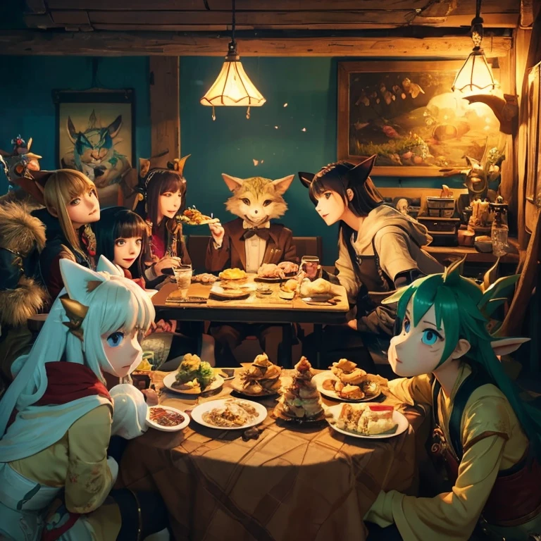 Um grupo de personagens de anime e vários animais antropomórficos, incluindo garotas gatas, meninas lobo, elfos, E robôs, estão sentados ao redor da mesa.，desfrutar de comidas e bebidas，A atmosfera é animada e animada。Os papéis têm（olhos lindos e delicados，Lábios lindos e delicados，olhos e rosto extremamente detalhados，cílios longos）。Eles são retratados no estilo popular de anime，Situado em um ambiente sobrenatural com elementos de fantasia。A cena lembra um still da série de anime de TV，Captura momentos da vida cotidiana no mundo da animação。 Esta obra de arte tem（alta qualidade：1.2、Resolução 4k、realista），Apresentando visuais ultra-detalhados，Exibe design complexo de personagens e ambientes。A iluminação é cuidadosamente projetada，cores brilhantes，O foco é claro，Crie uma atmosfera de estúdio。Texturas de cena ricas，mostrando ilustrações tradicionais、pintura a óleo、Renderização 3D、O uso de vários materiais, como tecnologia fotográfica。 Existem todos os tipos de comida deliciosa em torno dos personagens（comida temática de anime：1.1、sobremesas de dar água na boca、bebidas exclusivas），Crie uma atmosfera ativa。A comida é intrinsecamente detalhada，Demonstra o artista&#39;atenção aos detalhes na criação de pratos apetitosos e visualmente atraentes。A cena lembra uma reunião festiva，Destaque a alegria de compartilhar comida e companheirismo。 A composição e enquadramento da obra de arte captam a essência do gênero anime，A ênfase está na interação dos personagens e nas poses dinâmicas。Cada personagem&#39;A personalidade transparece em suas expressões、poses e desfile de roupas，Adiciona profundidade e complexidade às cenas。o fundo retrata um ambiente de outro mundo, os elementos são inspirados em fantasia e aventura。 （arte conceitual：1.1、paisagem、Retrato）O uso da tecnologia adiciona profundidade e dimensão à obra de arte geral。 