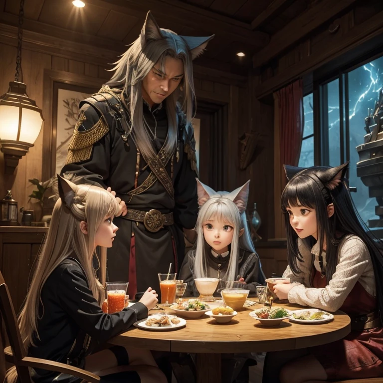 Um grupo de personagens de anime e vários animais antropomórficos, incluindo garotas gatas, meninas lobo, elfos, E robôs, estão sentados ao redor da mesa.，desfrutar de comidas e bebidas，A atmosfera é animada e animada。Os papéis têm（olhos lindos e delicados，Lábios lindos e delicados，olhos e rosto extremamente detalhados，cílios longos）。Eles são retratados no estilo popular de anime，Situado em um ambiente sobrenatural com elementos de fantasia。A cena lembra um still da série de anime de TV，Captura momentos da vida cotidiana no mundo da animação。 Esta obra de arte tem（alta qualidade：1.2、Resolução 4k、realista），Apresentando visuais ultra-detalhados，Exibe design complexo de personagens e ambientes。A iluminação é cuidadosamente projetada，cores brilhantes，O foco é claro，Crie uma atmosfera de estúdio。Texturas de cena ricas，mostrando ilustrações tradicionais、pintura a óleo、Renderização 3D、O uso de vários materiais, como tecnologia fotográfica。 Existem todos os tipos de comida deliciosa em torno dos personagens（comida temática de anime：1.1、sobremesas de dar água na boca、bebidas exclusivas），Crie uma atmosfera ativa。A comida é intrinsecamente detalhada，Demonstra o artista&#39;atenção aos detalhes na criação de pratos apetitosos e visualmente atraentes。A cena lembra uma reunião festiva，Destaque a alegria de compartilhar comida e companheirismo。 A composição e enquadramento da obra de arte captam a essência do gênero anime，A ênfase está na interação dos personagens e nas poses dinâmicas。Cada personagem&#39;A personalidade transparece em suas expressões、poses e desfile de roupas，Adiciona profundidade e complexidade às cenas。o fundo retrata um ambiente de outro mundo, os elementos são inspirados em fantasia e aventura。 （arte conceitual：1.1、paisagem、Retrato）O uso da tecnologia adiciona profundidade e dimensão à obra de arte geral。 