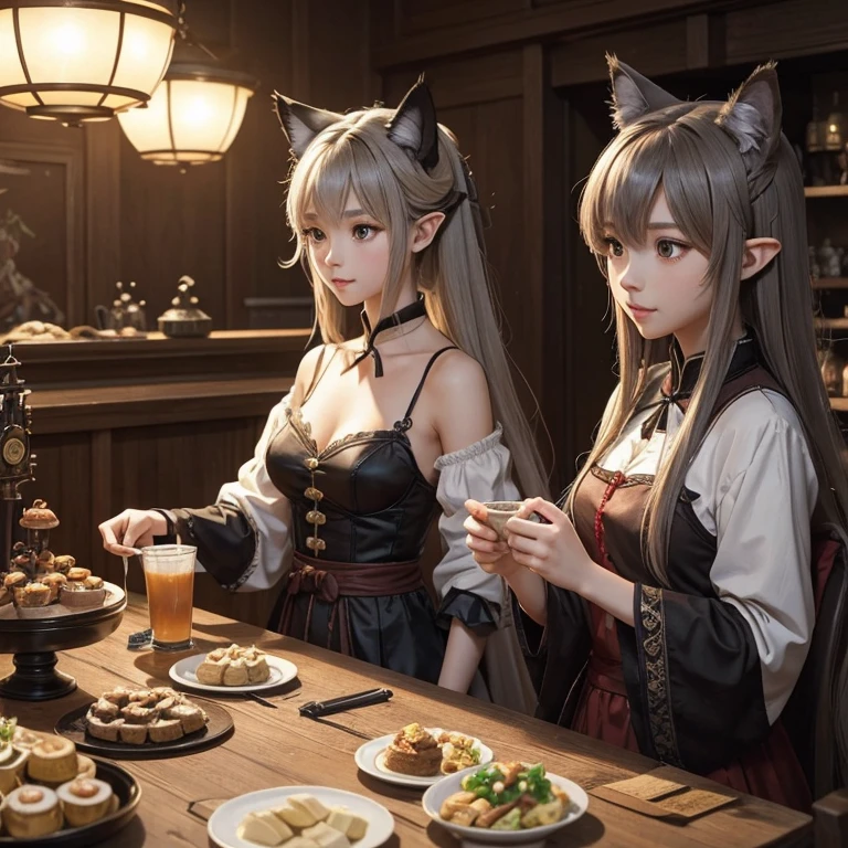 A group of anime characters and various anthropomorphic animals, including cat girls, wolf girls, elves, and robots, are sitting around the table.，Enjoying food and drinks，The atmosphere is lively and lively。The roles have（Beautiful and delicate eyes，Beautiful and delicate lips，Extremely detailed eyes and face，Long eyelashes）。They are depicted in popular anime style，Set in an otherworldly environment with fantasy elements。The scene resembles a still from the TV anime series，Captures moments of everyday life in the world of animation。 This work of art has（high quality：1.2、4k resolution、lifelike），Featuring ultra-detailed visuals，Exhibits complex design of characters and environments。Lighting is carefully designed，Bright colors，Focus is clear，Create a studio-like atmosphere。Rich scene textures，showing traditional illustrations、oil painting、3D Rendering、The use of various materials such as photography technology。 There are all kinds of delicious food around the characters（anime themed food：1.1、Mouthwatering desserts、unique drinks），Create an active atmosphere。The food is intricately detailed，Demonstrates the artist&#39;s attention to detail in creating appetizing and visually appealing dishes。The scene is reminiscent of a festive gathering，Highlight the joy of sharing food and companionship。 The composition and framing of the artwork captures the essence of the anime genre，Emphasis is on character interaction and dynamic poses。Each character&#39;s personality comes through in their expressions、poses and clothing show，Adds depth and complexity to scenes。the background depicts an otherworldly environmen elements are inspired by fantasy and adventure。 （concept art：1.1、landscape、portrait）The use of technology adds depth and dimension to the overall artwork。 