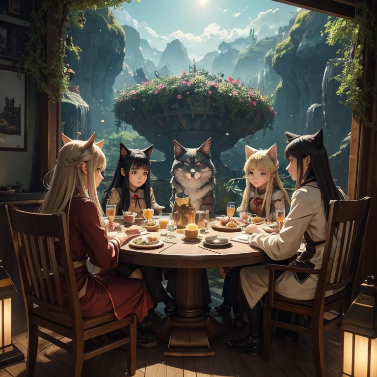 A group of anime characters and various anthropomorphic animals, including cat girls, wolf girls, elves, and robots, are sitting around the table.，Enjoying food and drinks，The atmosphere is lively and lively。The roles have（Beautiful and delicate eyes，Beautiful and delicate lips，Extremely detailed eyes and face，Long eyelashes）。They are depicted in popular anime style，Set in an otherworldly environment with fantasy elements。The scene resembles a still from the TV anime series，Captures moments of everyday life in the world of animation。 This work of art has（high quality：1.2、4k resolution、lifelike），Featuring ultra-detailed visuals，Exhibits complex design of characters and environments。Lighting is carefully designed，Bright colors，Focus is clear，Create a studio-like atmosphere。Rich scene textures，showing traditional illustrations、oil painting、3D Rendering、The use of various materials such as photography technology。 There are all kinds of delicious food around the characters（anime themed food：1.1、Mouthwatering desserts、unique drinks），Create an active atmosphere。The food is intricately detailed，Demonstrates the artist&#39;s attention to detail in creating appetizing and visually appealing dishes。The scene is reminiscent of a festive gathering，Highlight the joy of sharing food and companionship。 The composition and framing of the artwork captures the essence of the anime genre，Emphasis is on character interaction and dynamic poses。Each character&#39;s personality comes through in their expressions、poses and clothing show，Adds depth and complexity to scenes。the background depicts an otherworldly environmen elements are inspired by fantasy and adventure。 （concept art：1.1、landscape、portrait）The use of technology adds depth and dimension to the overall artwork。 