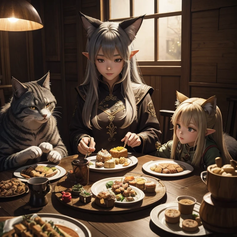 A group of anime characters and various anthropomorphic animals, including cat girls, wolf girls, elves, and robots, are sitting around the table.，Enjoying food and drinks，The atmosphere is lively and lively。The roles have（Beautiful and delicate eyes，Beautiful and delicate lips，Extremely detailed eyes and face，Long eyelashes）。They are depicted in popular anime style，Set in an otherworldly environment with fantasy elements。The scene resembles a still from the TV anime series，Captures moments of everyday life in the world of animation。 This work of art has（high quality：1.2、4k resolution、lifelike），Featuring ultra-detailed visuals，Exhibits complex design of characters and environments。Lighting is carefully designed，Bright colors，Focus is clear，Create a studio-like atmosphere。Rich scene textures，showing traditional illustrations、oil painting、3D Rendering、The use of various materials such as photography technology。 There are all kinds of delicious food around the characters（anime themed food：1.1、Mouthwatering desserts、unique drinks），Create an active atmosphere。The food is intricately detailed，Demonstrates the artist&#39;s attention to detail in creating appetizing and visually appealing dishes。The scene is reminiscent of a festive gathering，Highlight the joy of sharing food and companionship。 The composition and framing of the artwork captures the essence of the anime genre，Emphasis is on character interaction and dynamic poses。Each character&#39;s personality comes through in their expressions、poses and clothing show，Adds depth and complexity to scenes。the background depicts an otherworldly environmen elements are inspired by fantasy and adventure。 （concept art：1.1、landscape、portrait）The use of technology adds depth and dimension to the overall artwork。 